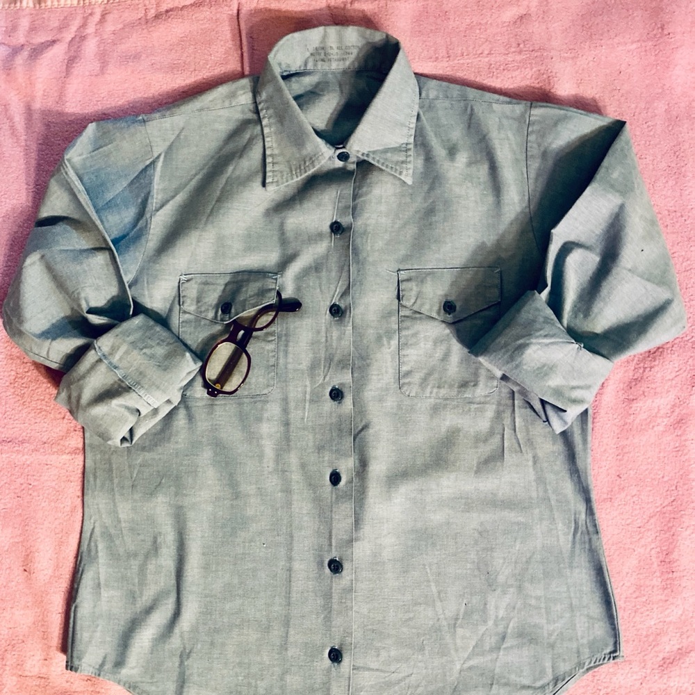 Vintage Navy Issued Chambray Blue Button Up collared Long Sleeve Shirt